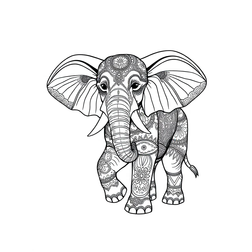 Elephants an elephant with big ears dancing — detailed elephants coloring page (ages 9+ & adults)