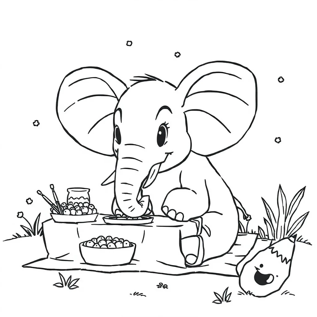 Elephants an elephant with big ears having a picnic — classic elephants coloring page (ages 5–10)