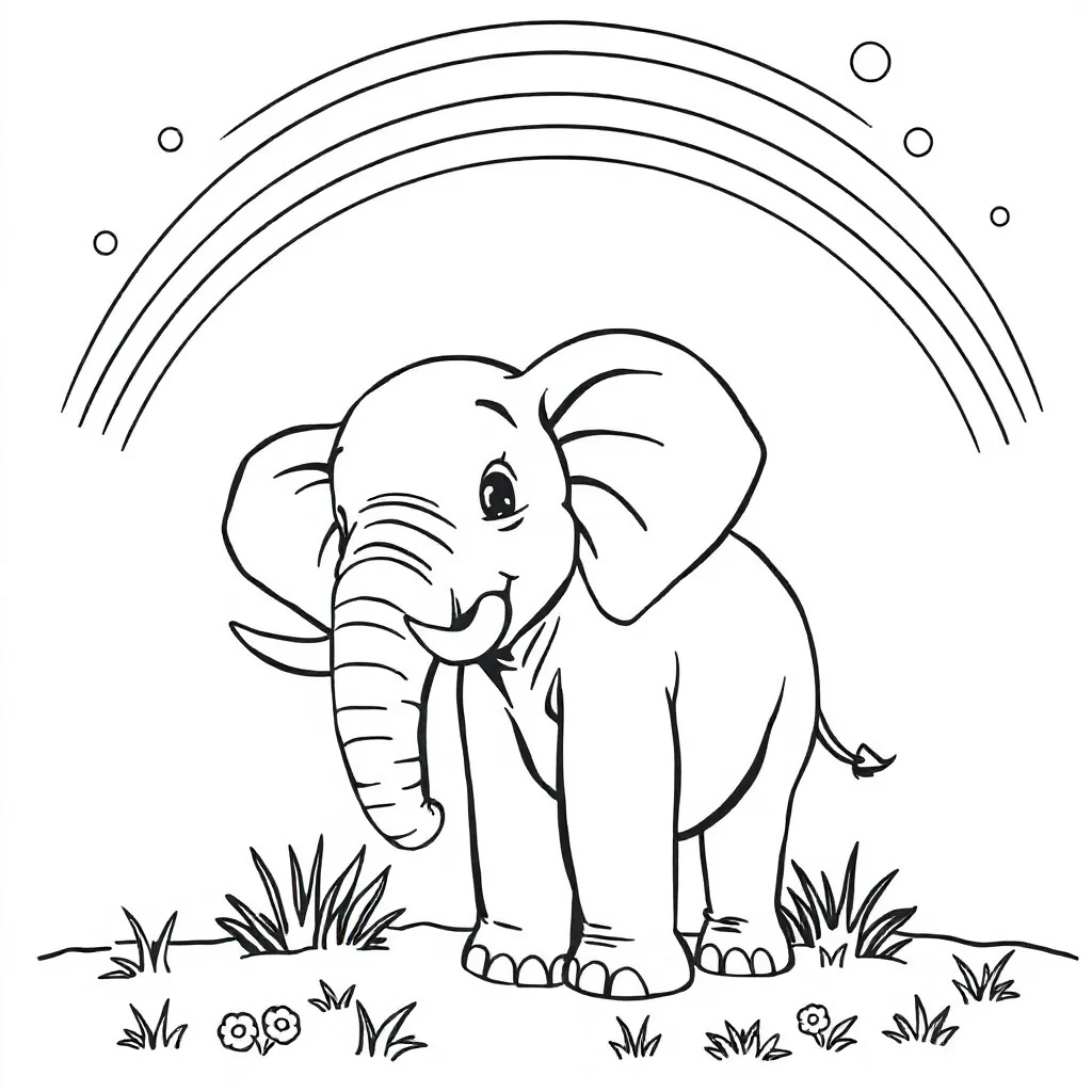 Elephants an elephant with big ears under a rainbow — classic elephants coloring page (ages 5–10)