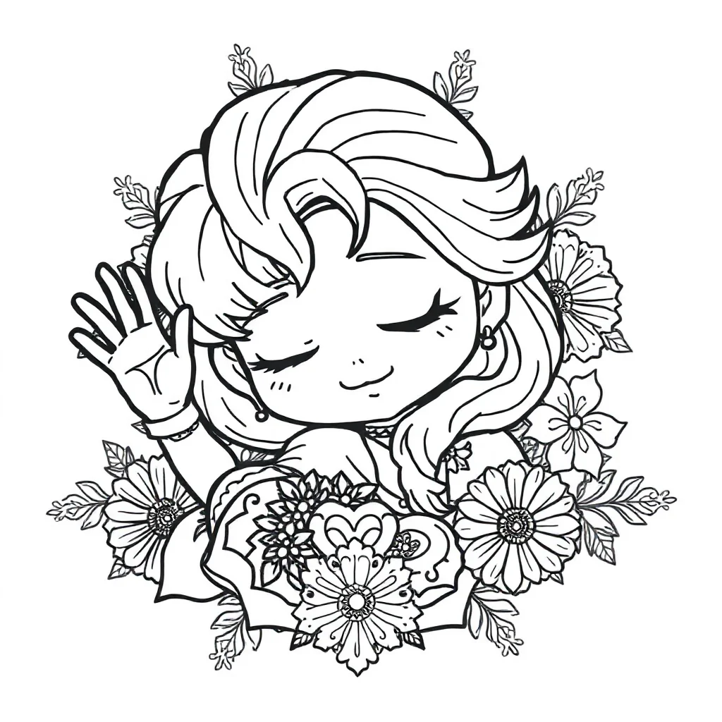 Elsa a cute chibi elsa waving sleeping curled up — detailed elsa coloring page (ages 9+ & adults)
