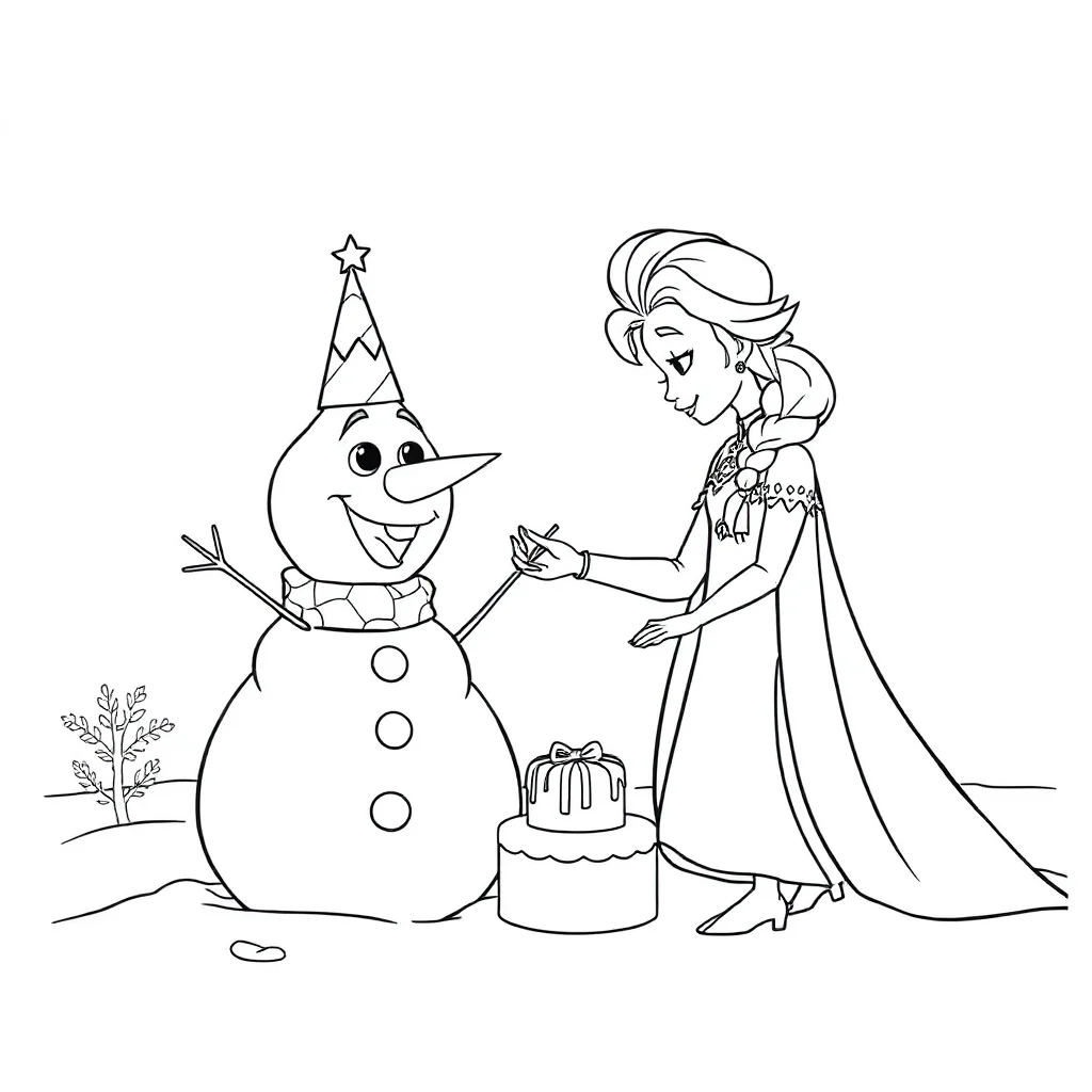 Elsa elsa building a snowman celebrating a birthday — classic elsa coloring page (ages 5–10)