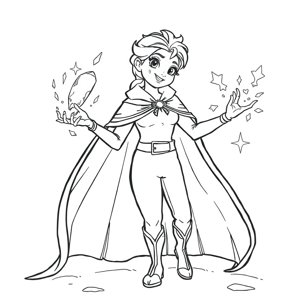 Elsa elsa from frozen making ice magic in a superhero cape — classic elsa coloring page (ages 5–10)