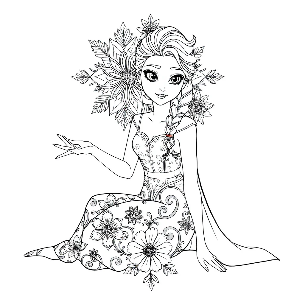 Elsa elsa from frozen making ice magic sitting — detailed elsa coloring page (ages 9+ & adults)