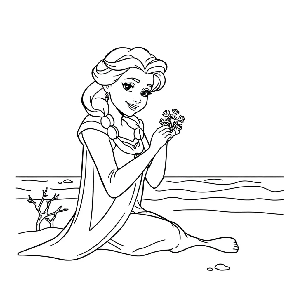 Elsa elsa holding a snowflake on the beach — classic elsa coloring page (ages 5–10)