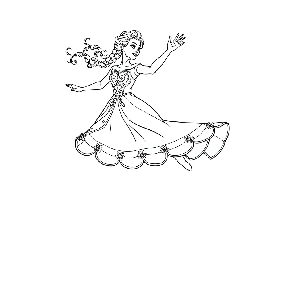 Elsa elsa in a beautiful gown leaping mid air — detailed elsa coloring page (ages 9+ & adults)