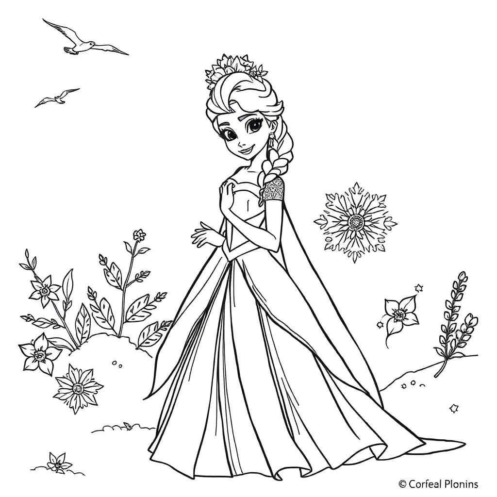 Elsa elsa in a beautiful gown wearing a flower crown — classic elsa coloring page (ages 5–10)
