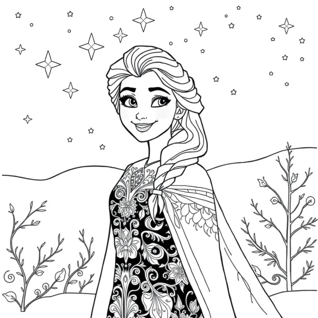 Elsa elsa smiling in a winter scene under the night sky with star — detailed elsa coloring page (ages 9+ & adults)