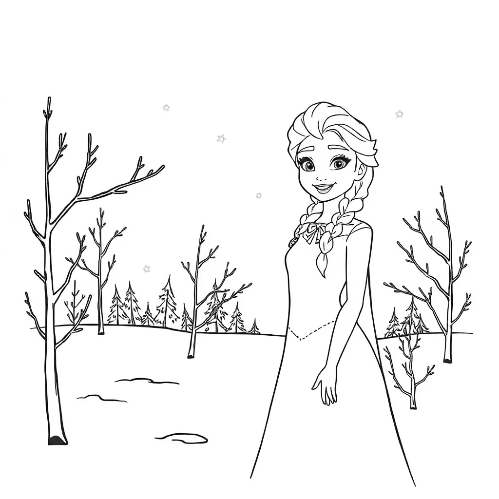 Elsa elsa smiling in a winter scene — classic elsa coloring page (ages 5–10)