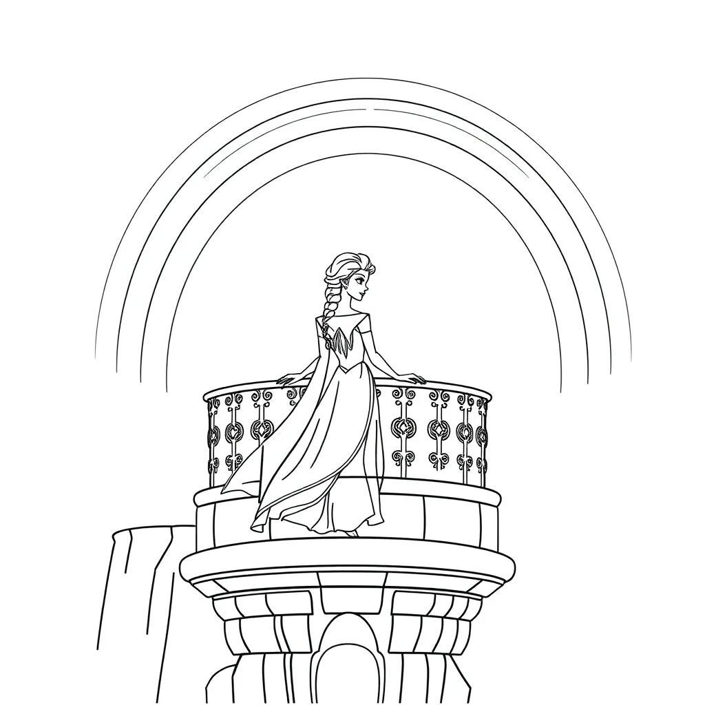 Elsa elsa standing on an ice castle balcony under a rainbow — classic elsa coloring page (ages 5–10)