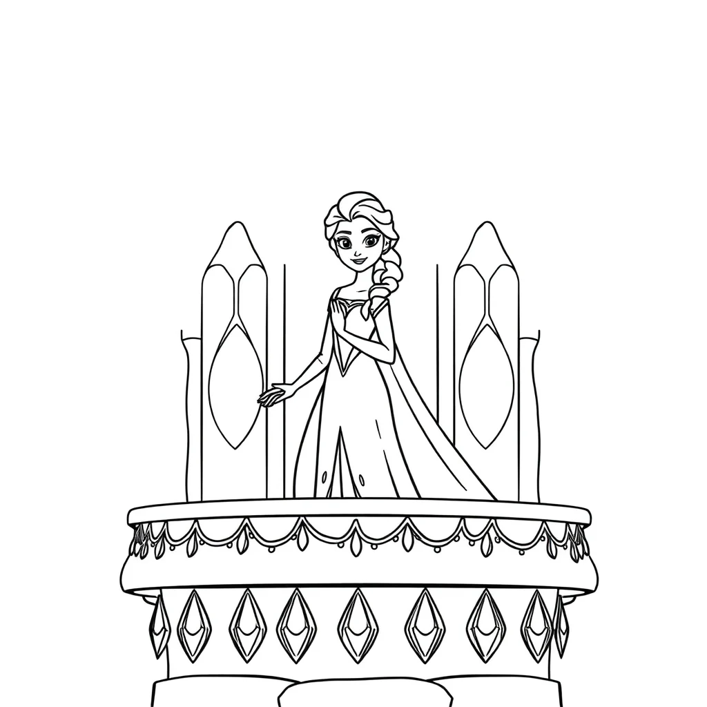 Elsa elsa standing on an ice castle balcony — easy elsa coloring page (ages 2–5)