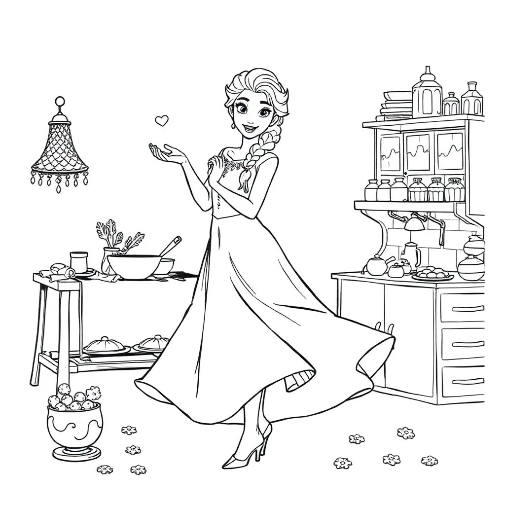 Elsa elsa twirling in a dress baking cookies — classic elsa coloring page (ages 5–10)