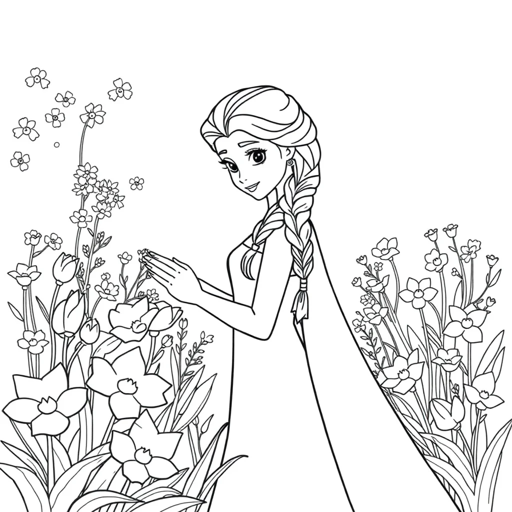 Elsa elsa with her hair in a braid in a flower garden — classic elsa coloring page (ages 5–10)