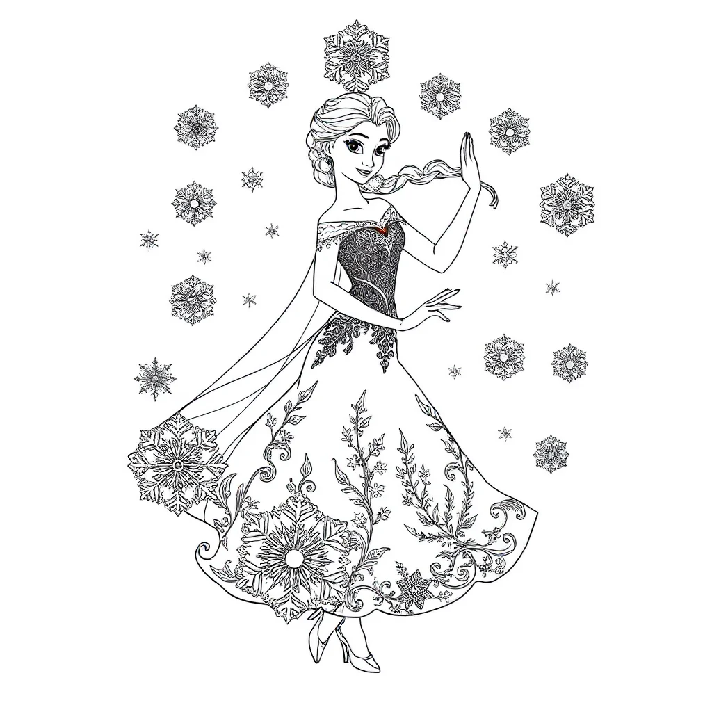 Elsa elsa with snowflakes around her dancing — detailed elsa coloring page (ages 9+ & adults)