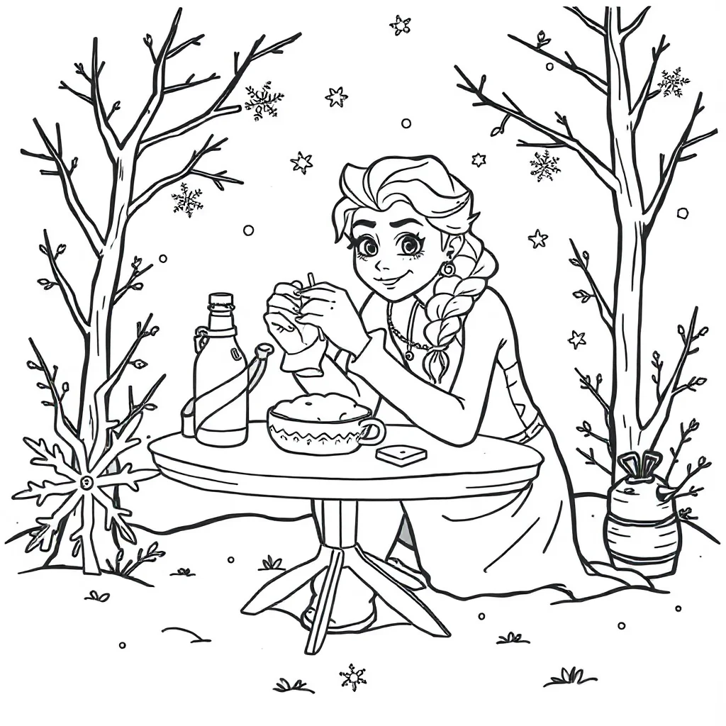 Elsa elsa with snowflakes around her having a picnic — classic elsa coloring page (ages 5–10)