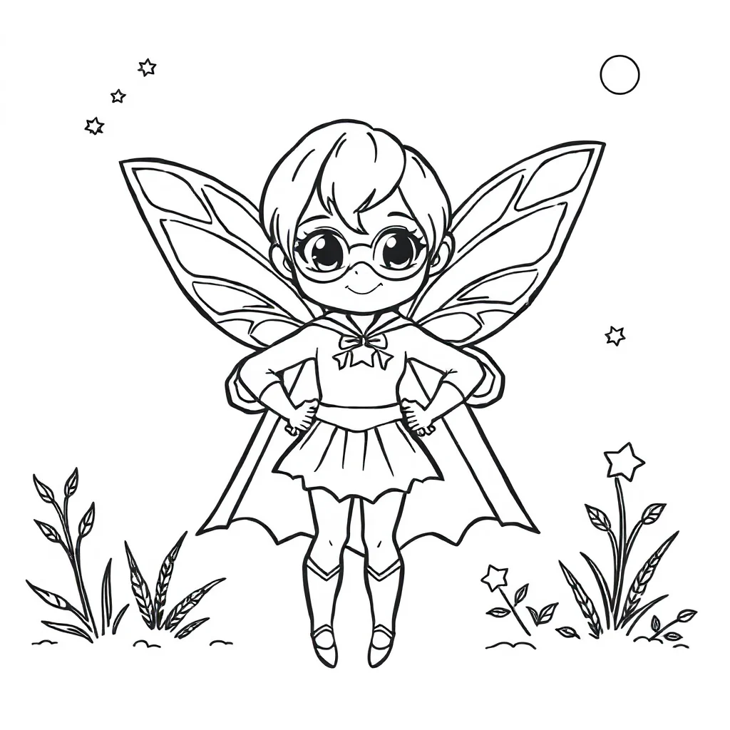 Fairies a cute fairy in a superhero cape — classic fairies coloring page (ages 5–10)