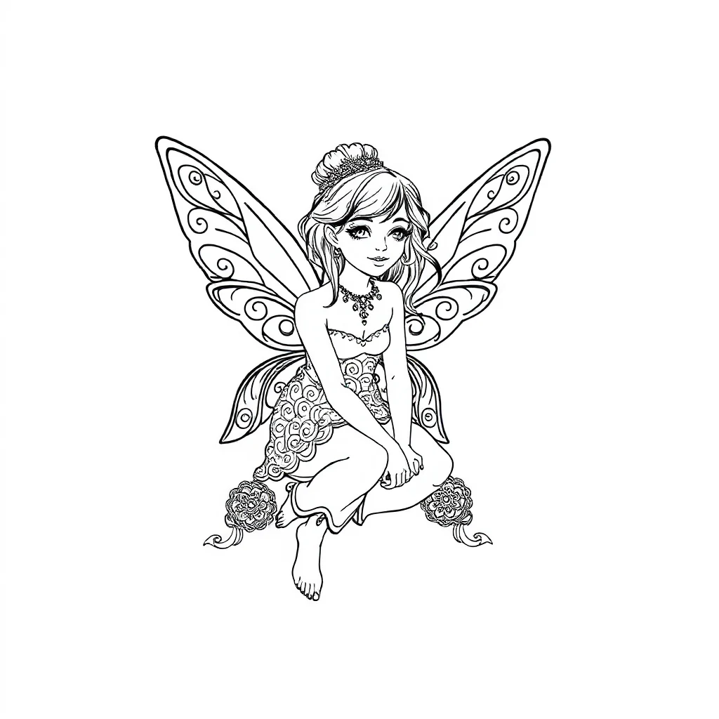 Fairies a cute fairy sitting — detailed fairies coloring page (ages 9+ & adults)