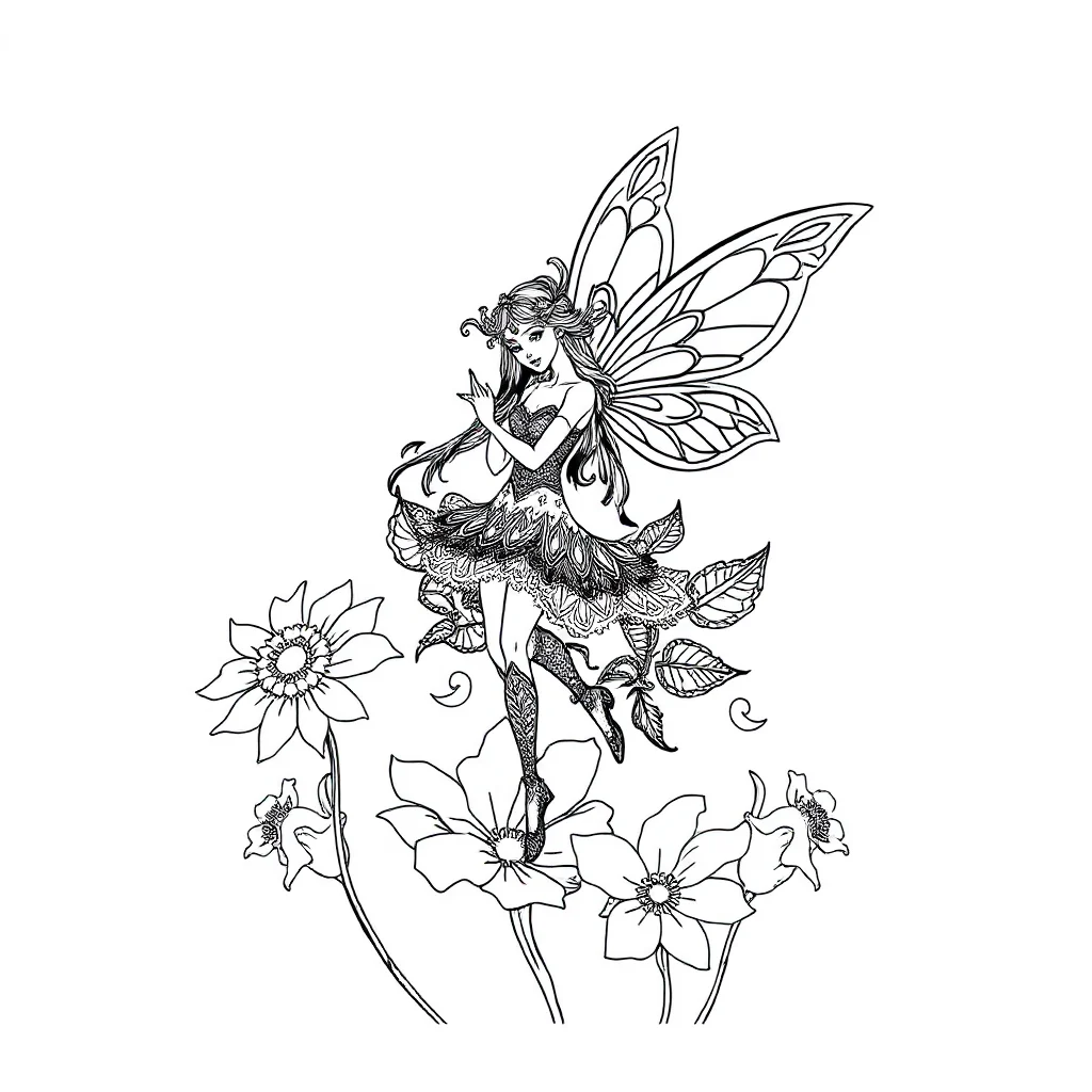 Fairies a fairy on a flower dancing — detailed fairies coloring page (ages 9+ & adults)