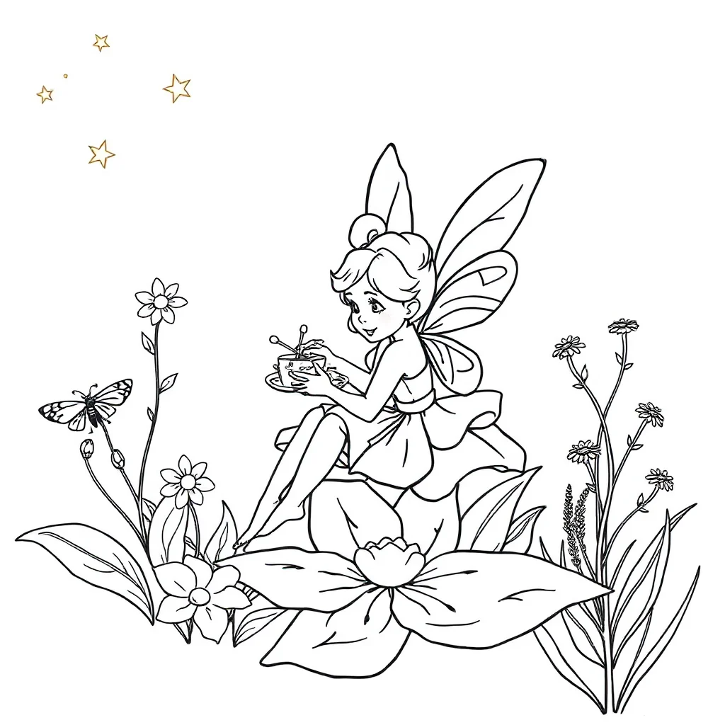 Fairies a fairy on a flower having a picnic — classic fairies coloring page (ages 5–10)