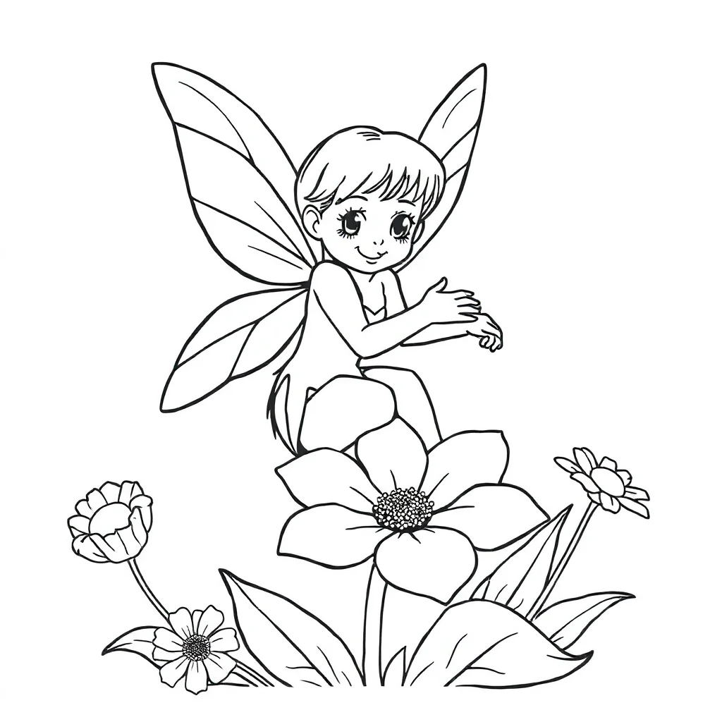 Fairies a fairy on a flower hugging a friend — easy fairies coloring page (ages 2–5)