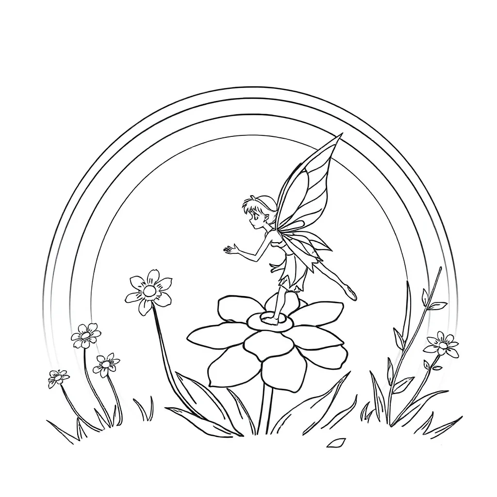 Fairies a fairy on a flower under a rainbow — classic fairies coloring page (ages 5–10)