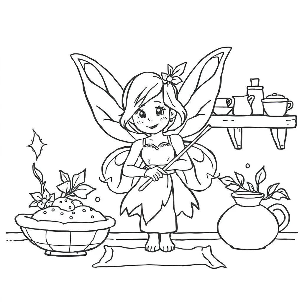 Fairies a fairy with a wand baking cookies — classic fairies coloring page (ages 5–10)