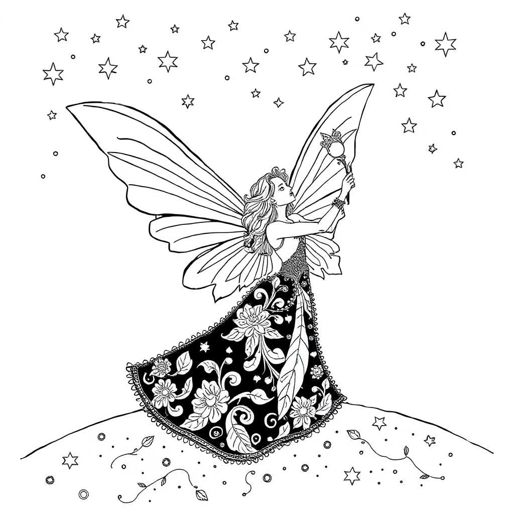 Fairies a fairy with a wand under the night sky with stars — detailed fairies coloring page (ages 9+ & adults)