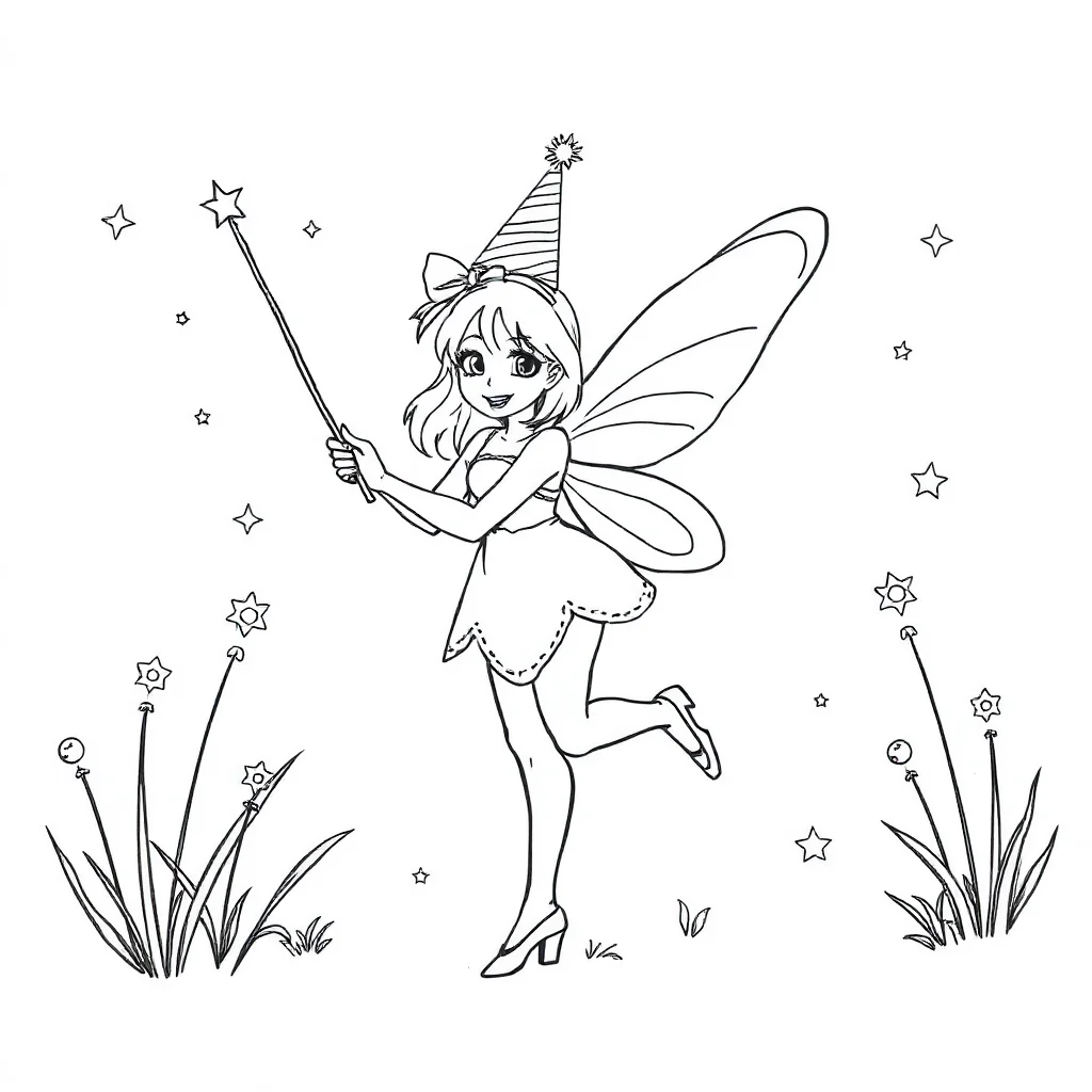 Fairies a fairy with a wand wearing a party hat — classic fairies coloring page (ages 5–10)