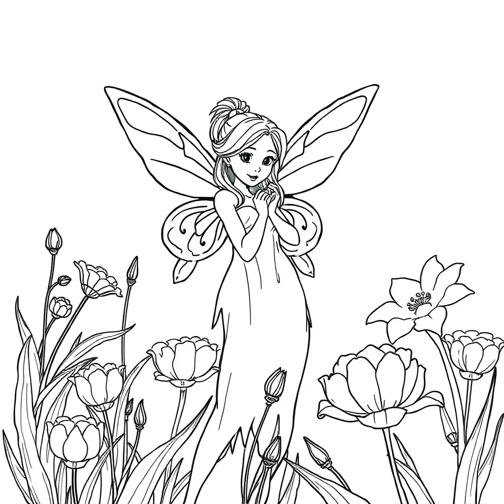 Fairies a fairy with wings in a flower garden — classic fairies coloring page (ages 5–10)