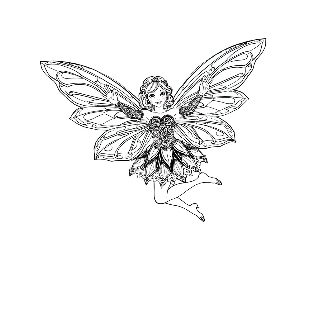 Fairies a fairy with wings leaping mid air — detailed fairies coloring page (ages 9+ & adults)