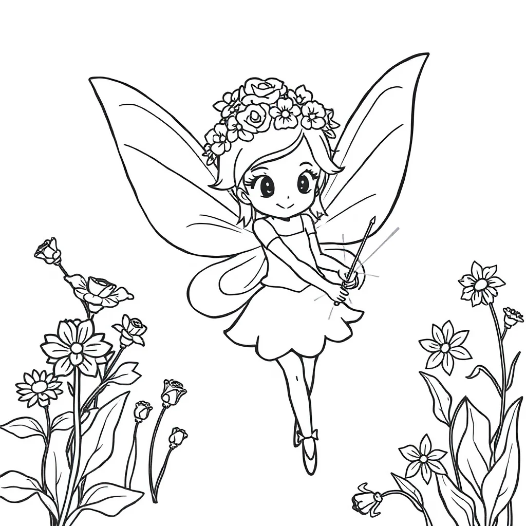 Fairies a fairy with wings wearing a flower crown — classic fairies coloring page (ages 5–10)