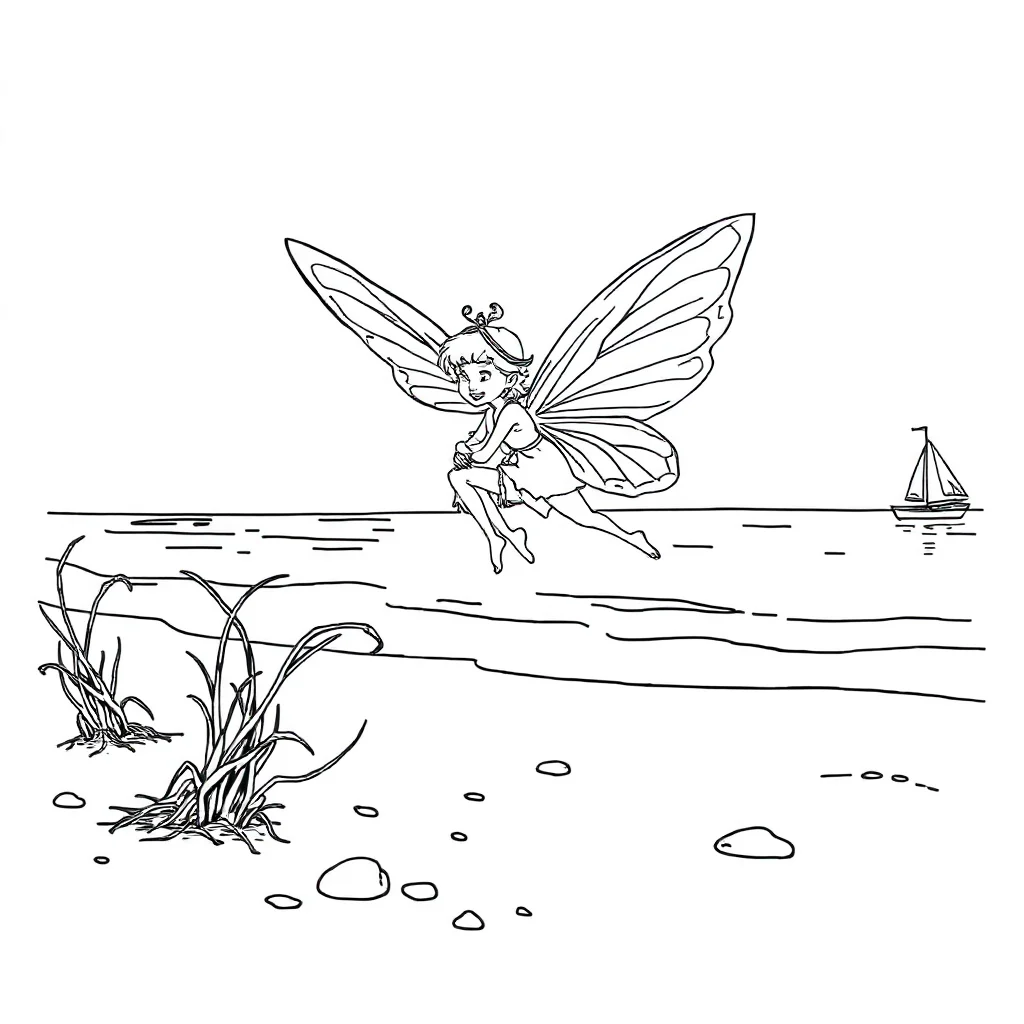 Fairies a flying fairy on the beach — classic fairies coloring page (ages 5–10)