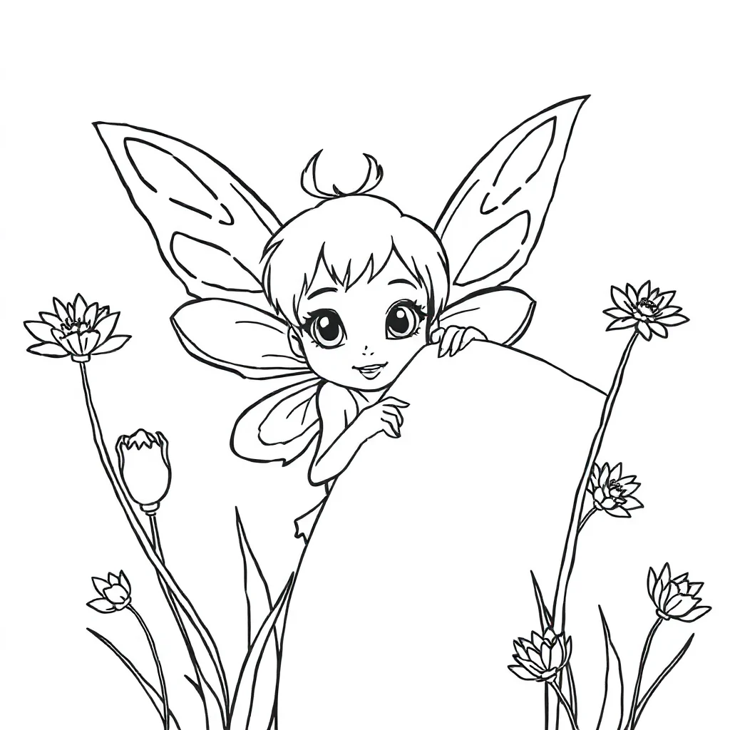 Fairies a flying fairy peeking from behind something — classic fairies coloring page (ages 5–10)
