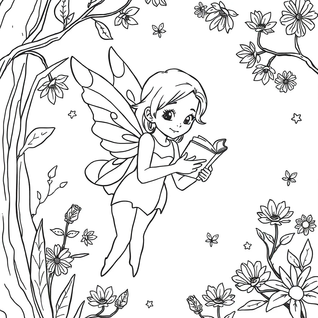 Fairies a flying fairy reading a book — classic fairies coloring page (ages 5–10)