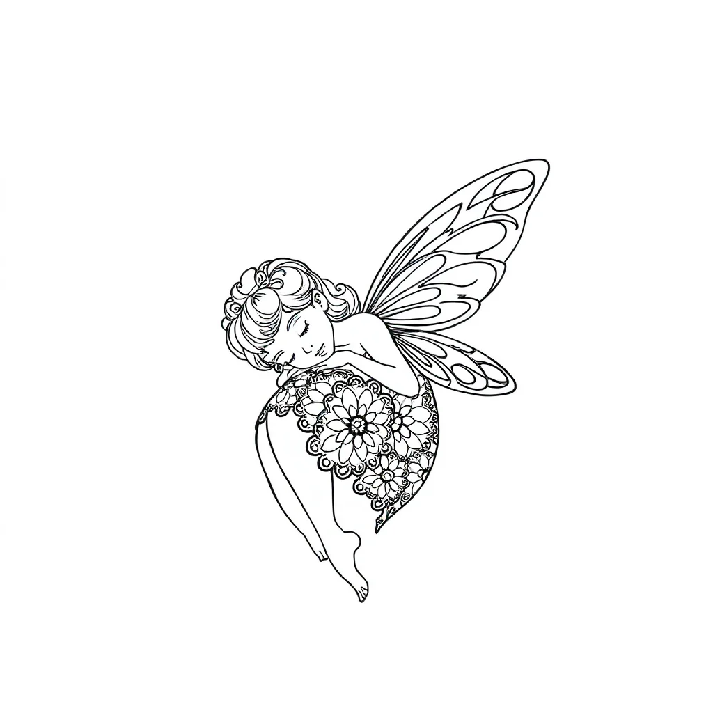 Fairies a flying fairy sleeping curled up — detailed fairies coloring page (ages 9+ & adults)