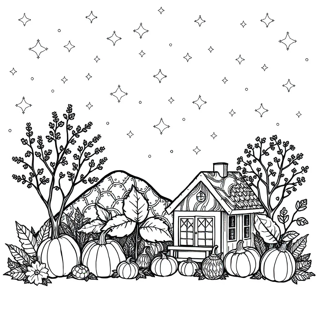 Fall a cozy fall scene under the night sky with stars — detailed fall coloring page (ages 9+ & adults)