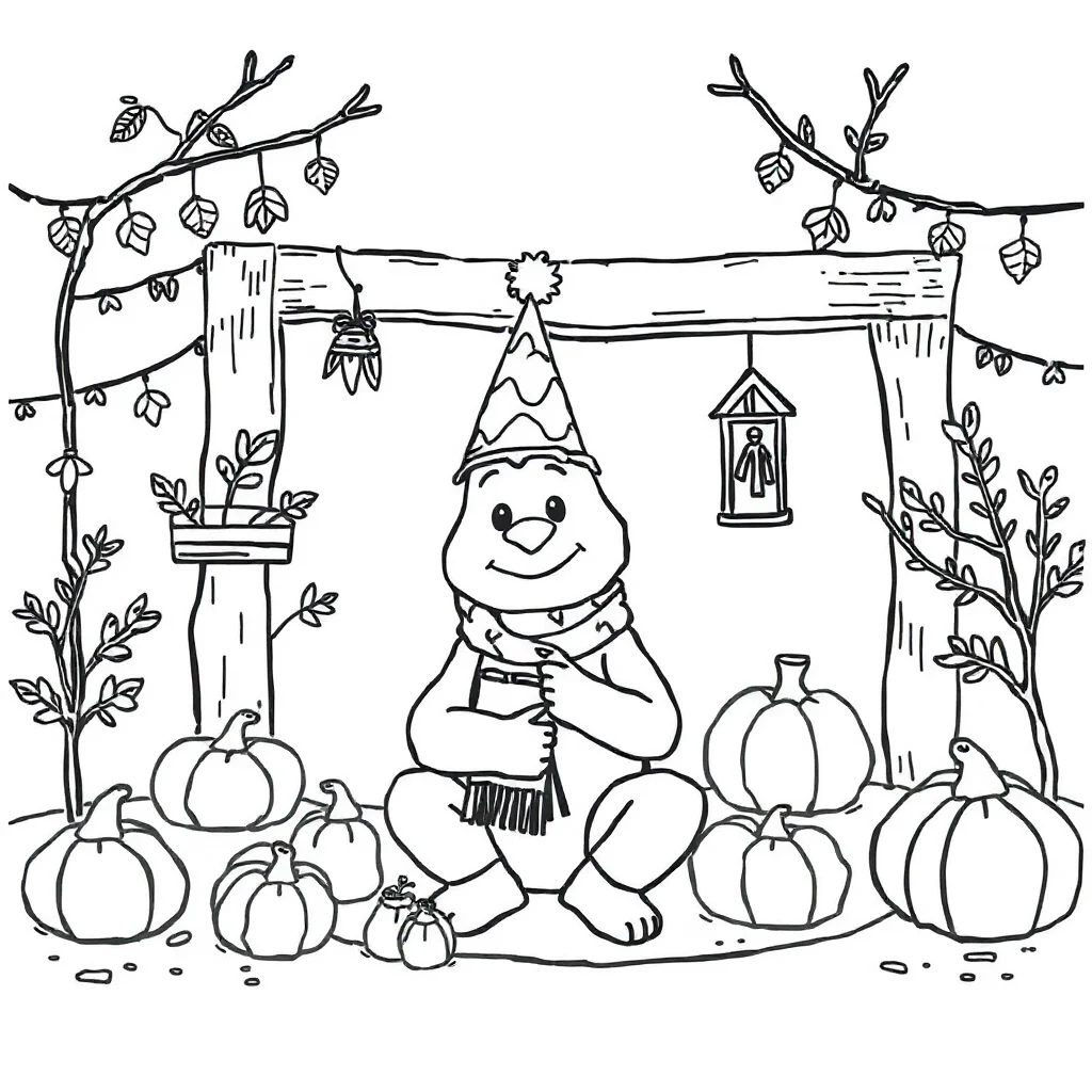 Fall a cozy fall scene wearing a party hat — classic fall coloring page (ages 5–10)