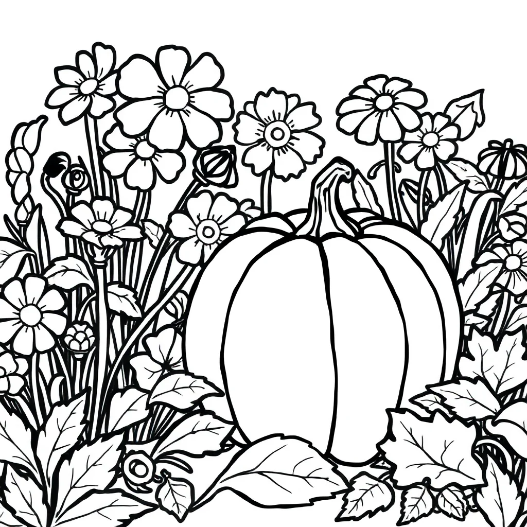 Fall a pumpkin and leaves in a flower garden — classic fall coloring page (ages 5–10)