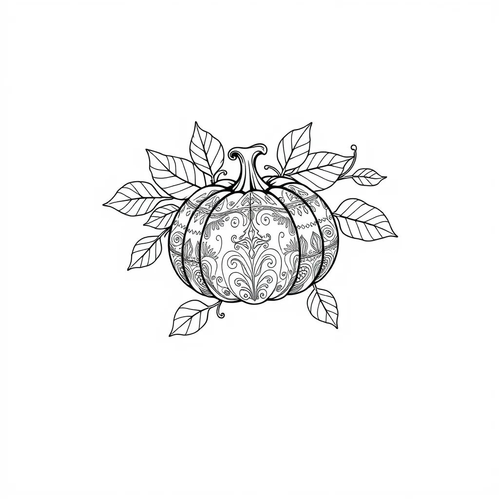 Fall a pumpkin and leaves leaping mid air — detailed fall coloring page (ages 9+ & adults)