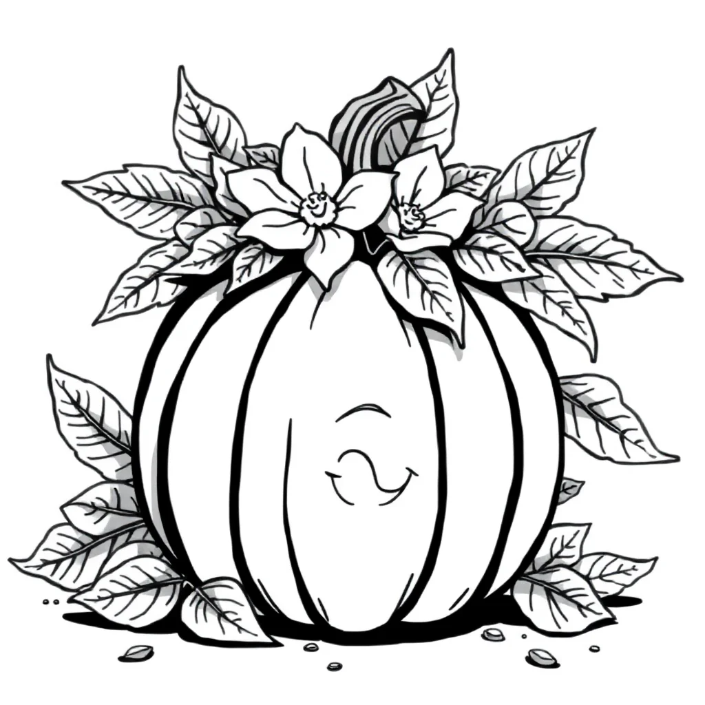 Fall a pumpkin and leaves wearing a flower crown — classic fall coloring page (ages 5–10)