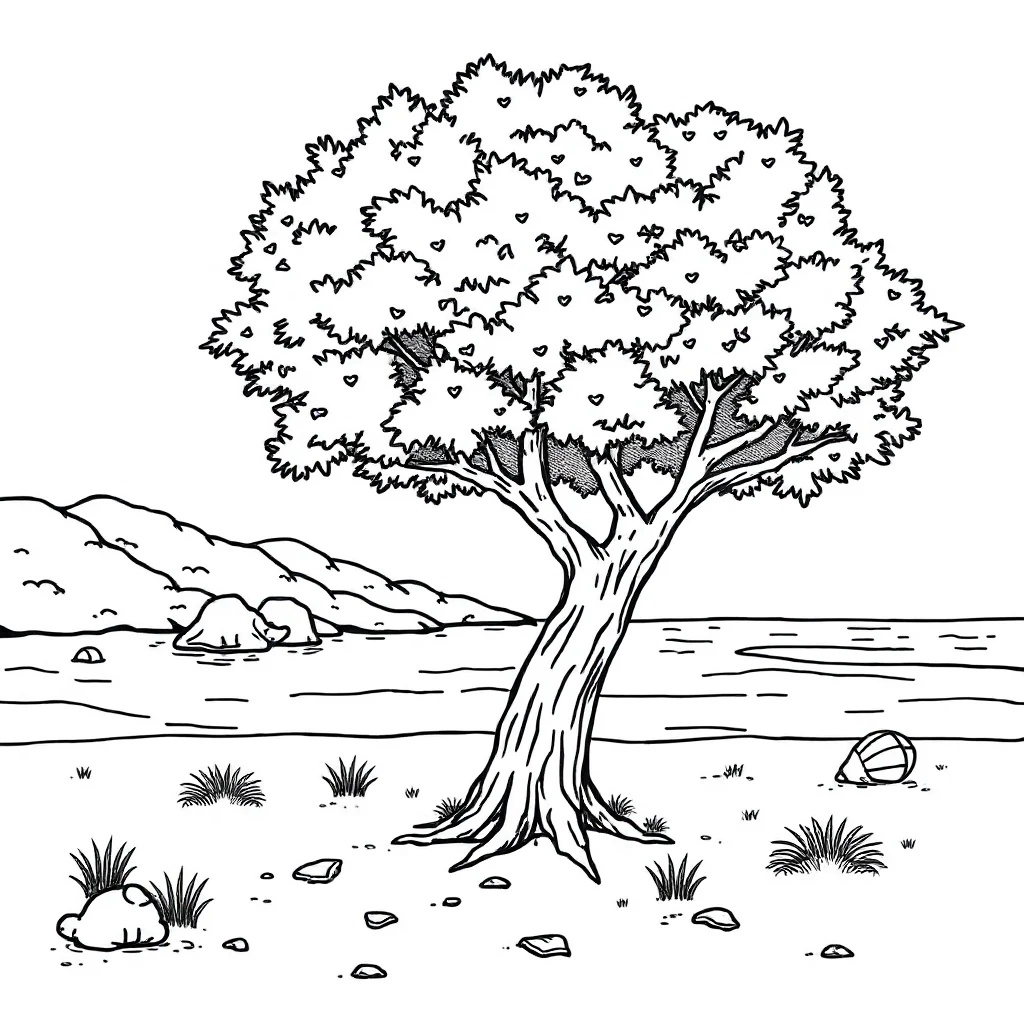 Fall a tree in autumn on the beach — classic fall coloring page (ages 5–10)