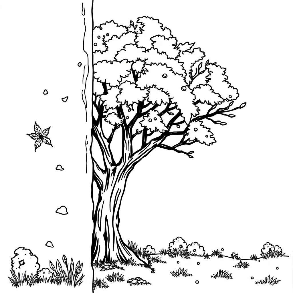 Fall a tree in autumn peeking from behind something — classic fall coloring page (ages 5–10)