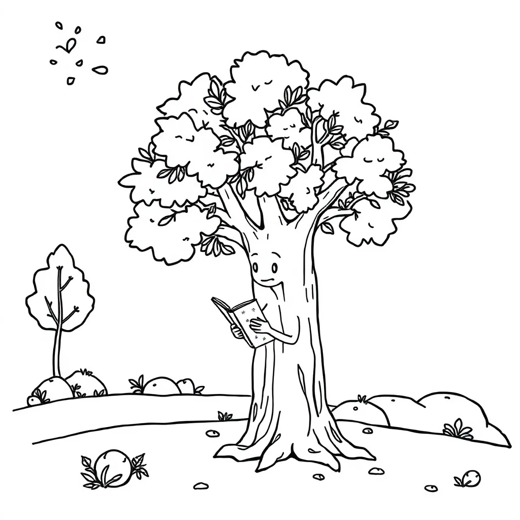 Fall a tree in autumn reading a book — classic fall coloring page (ages 5–10)