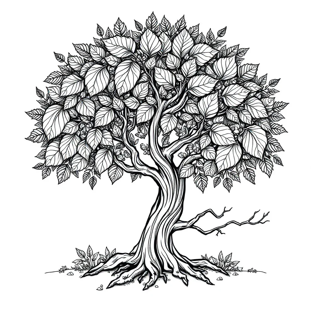 Fall a tree in autumn sleeping curled up — detailed fall coloring page (ages 9+ & adults)