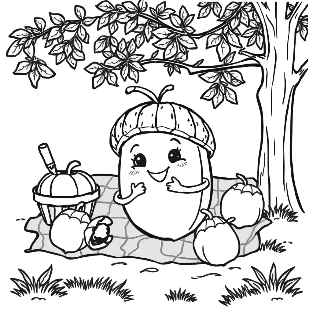 Fall an acorn having a picnic — classic fall coloring page (ages 5–10)