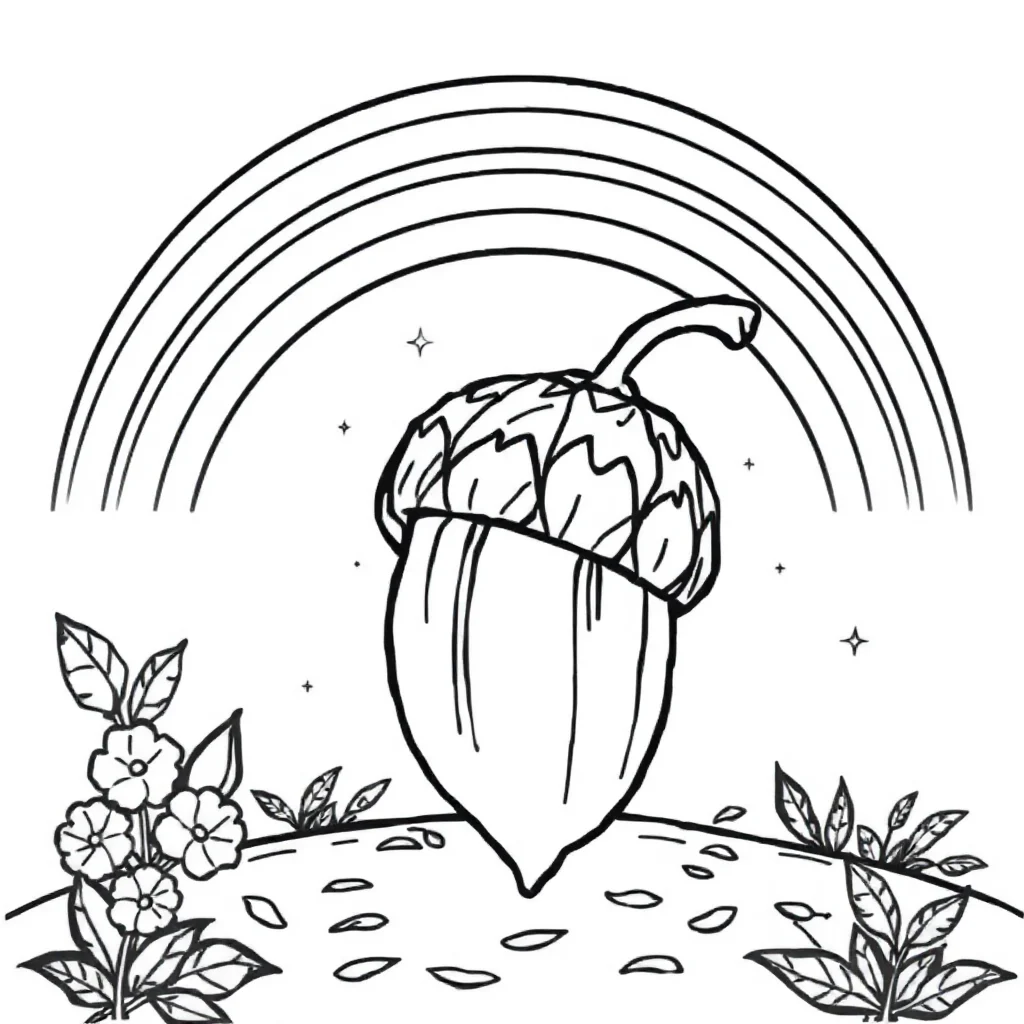 Fall an acorn under a rainbow — classic fall coloring page (ages 5–10)
