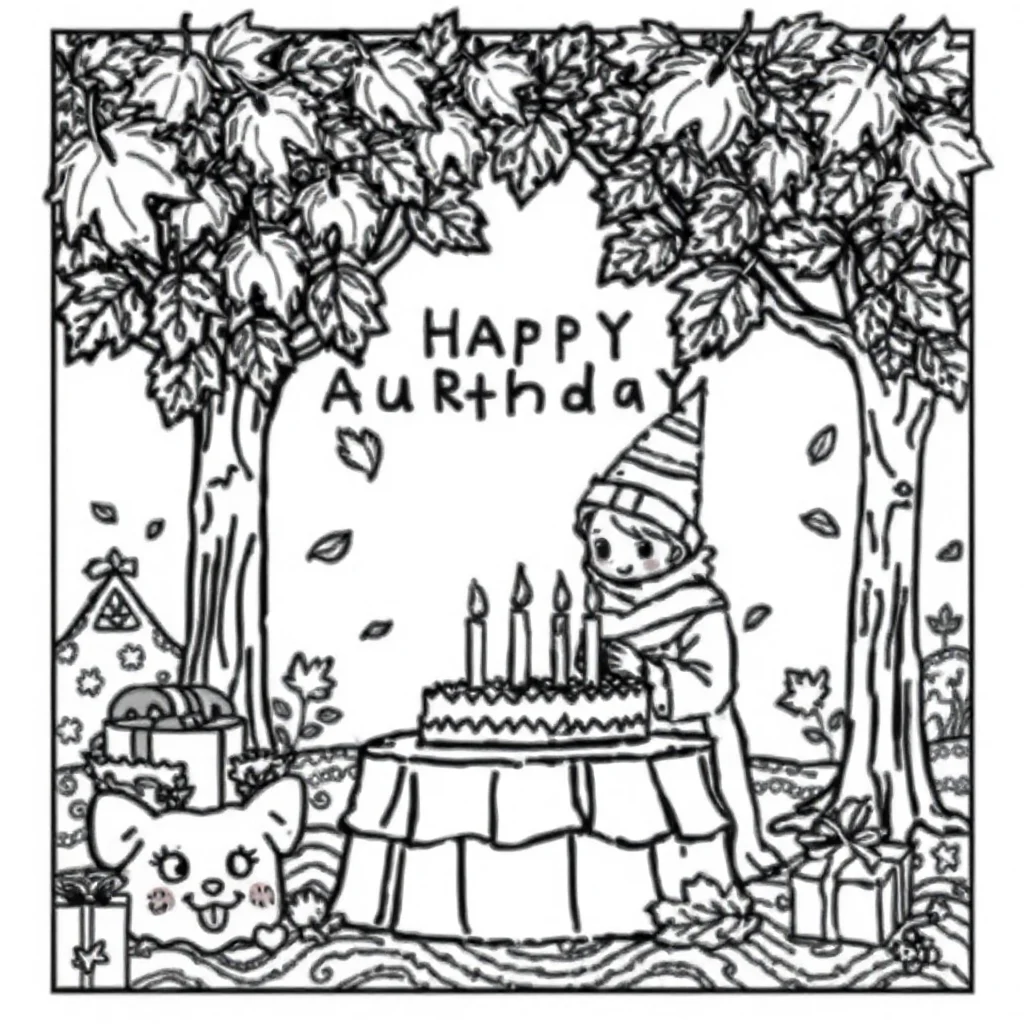 Fall falling autumn leaves celebrating a birthday — classic fall coloring page (ages 5–10)