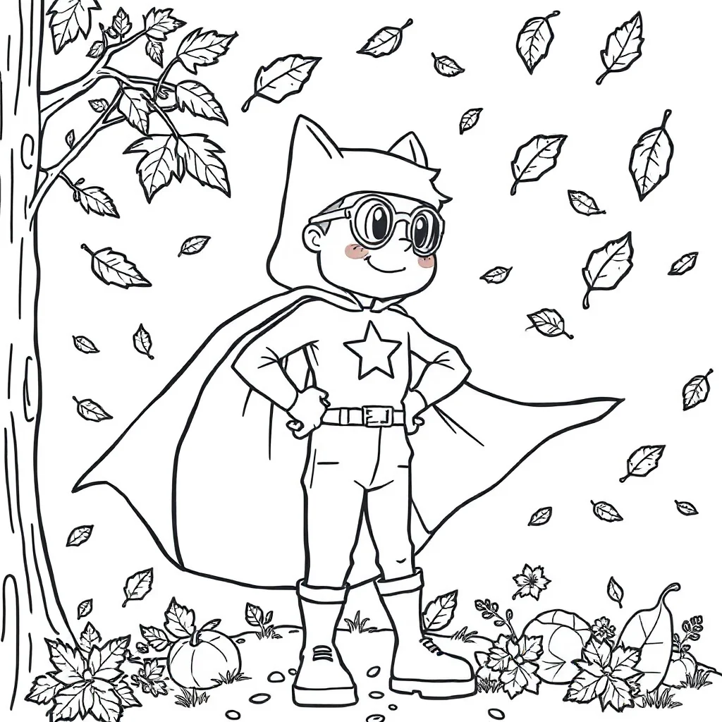 Fall falling autumn leaves in a superhero cape — classic fall coloring page (ages 5–10)