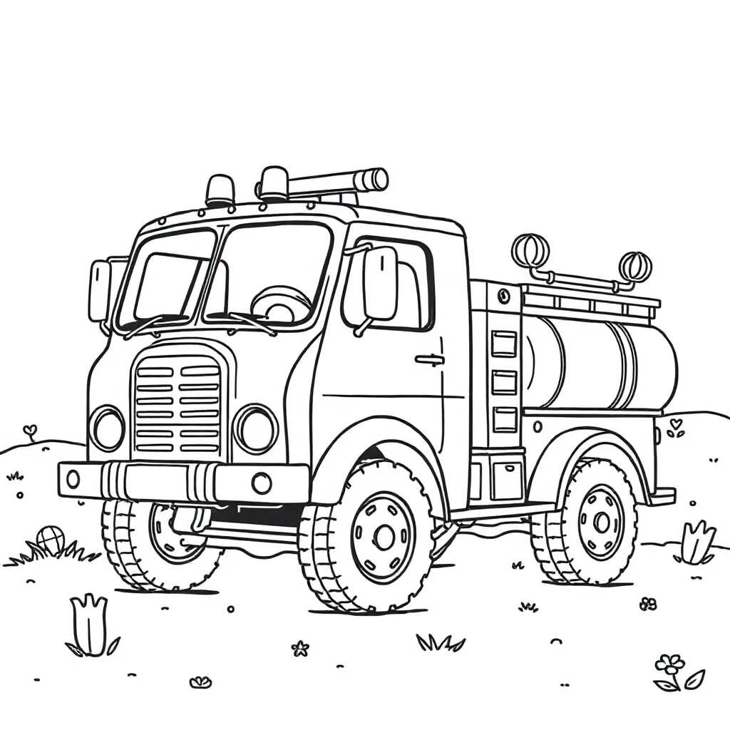 Fire trucks a cute fire truck having a picnic — classic fire trucks coloring page (ages 5–10)