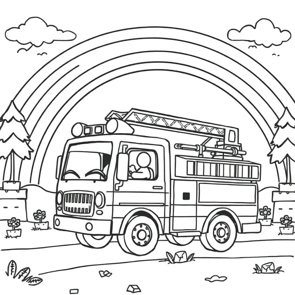Fire trucks a cute fire truck under a rainbow — classic fire trucks coloring page (ages 5–10)
