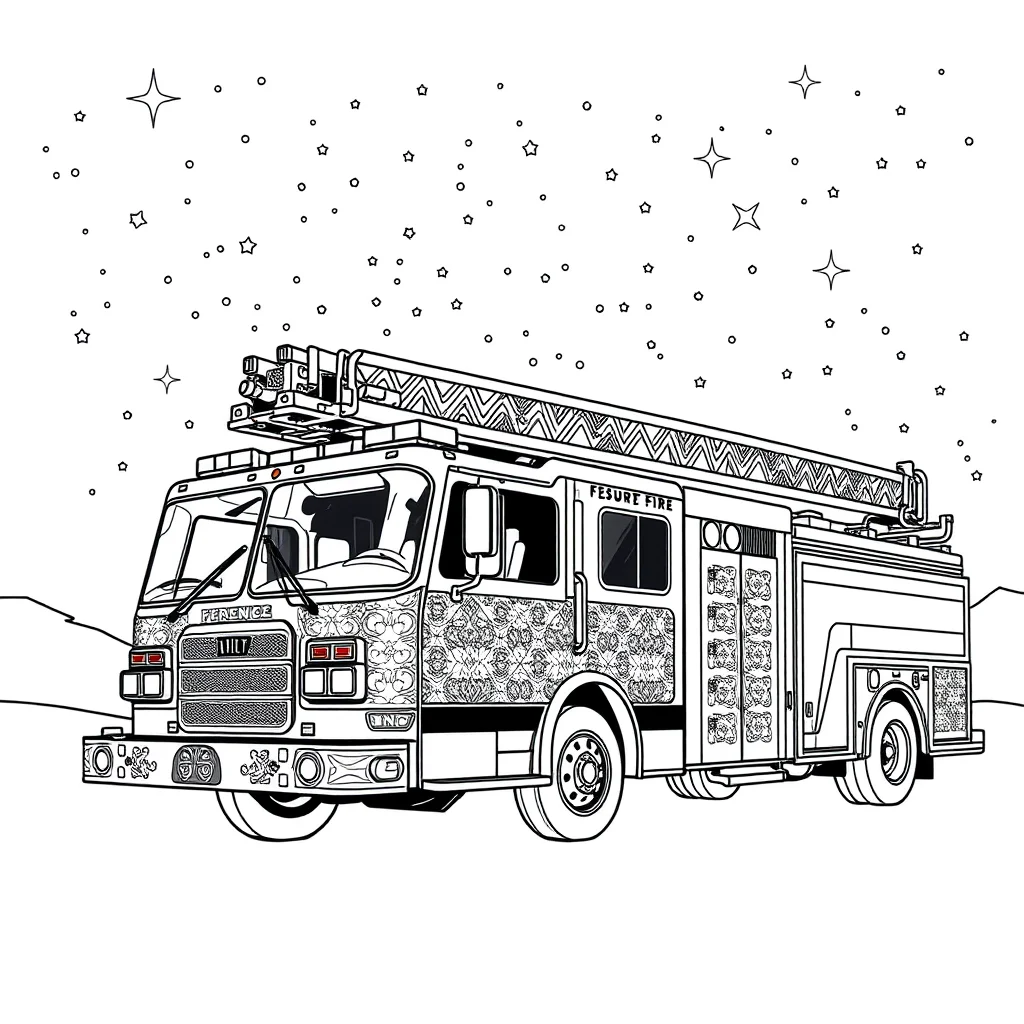 Fire trucks a fire engine under the night sky with stars — detailed fire trucks coloring page (ages 9+ & adults)